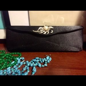 Black satin clutch/wristlet with pearl silver